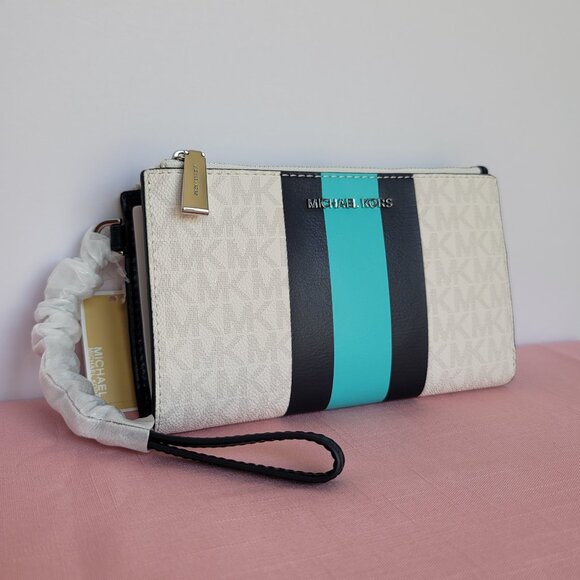 MICHAEL KORS Jet Set Double Zip Signature Phone Wristlet-Ocean Blue Mult 🎈$108⭐ - Picture 3 of 16